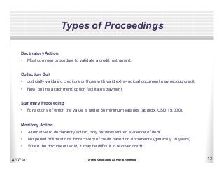 Aronis Advogados All Rights Reserved 12
Types of Proceedings
4/17/18
Declaratory Action
•  Most common procedure to validate a credit instrument.
Collection Suit
•  Judicially validated creditors or those with valid extra-judicial document may recoup credit.
•  New ‘on line attachment’ option facilitates payment.
Summary Proceeding
•  For actions of which the value is under 60 minimum salaries (approx. USD 19,000).
Monitory Action
•  Alternative to declaratory action, only requires written evidence of debt.
•  No period of limitations for recovery of credit based on documents (generally 10 years).
•  When the document is old, it may be difficult to recover credit.
 
