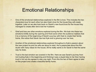 Emotional Relationships
One of the emotional relationships explored in the film is love. This includes the two
characters love for each other but also Kyle’s love for the house they will create
together. Later on we also look back on Sarah’s new found love for the house they
managed to create after she’s lost her husband.
Grief and loss are other emotions explored during the film. We look into these two
emotions briefly during the opening and final scene when the audience realises that
it is a memory of the beginning of Sarah’s journey with Kyle to create their family
home. We notice that Sarah has lost Kyle and is grieving over her loss.
Another of the emotional relationships explored throughout is Kyle’s passion about
the new project he and his wife are about to start. He is passionate about the film
studio with many ideas for the house. All he really wants is for Sarah to feel the same
way he does.
Trust is the last emotion we covered in the film. Here we saw Sarah’s journey from
not trusting Kyle in the beginning and thinking it was a stupid idea to her then having
trust in him as she agrees to stay one night. From this the two of them agree to take
on the project and create a beautiful family home.
 