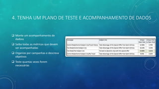 4. TENHA UM PLANO DE TESTE E ACOMPANHAMENTO DE DADOS
 Monte um acompanhamento de
dadoss
 Saiba todas as métricas que devem
ser acompanhadas
 Organize por campanhas e descreva
objetivos
 Teste quantas vezes forem
necessárias
 