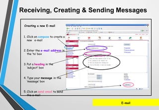 Receiving, Creating & Sending Messages
E-mail
1. Click on compose to create a
new e-mail
2. Enter the e-mail address in
the ‘to’ box
3. Put a heading in the
‘subject’ box
4. Type your message in the
‘message’ box
5. Click on send email to send
the e-mail
Creating a new E-mail
 