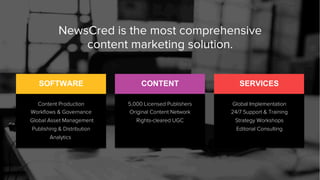 NewsCred is the most comprehensive
content marketing solution.
SOFTWARE SERVICESCONTENT
Content Production
Workﬂows & Gove...