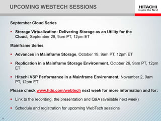 UPCOMING WEBTECH SESSIONS

September Cloud Series

 Storage Virtualization: Delivering Storage as an Utility for the
  Cloud, September 28, 9am PT, 12pm ET

Mainframe Series

 Advances in Mainframe Storage, October 19, 9am PT, 12pm ET

 Replication in a Mainframe Storage Environment, October 26, 9am PT, 12pm
  ET

 Hitachi VSP Performance in a Mainframe Environment, November 2, 9am
  PT, 12pm ET

Please check www.hds.com/webtech next week for more information and for:

 Link to the recording, the presentation and Q&A (available next week)

 Schedule and registration for upcoming WebTech sessions
 