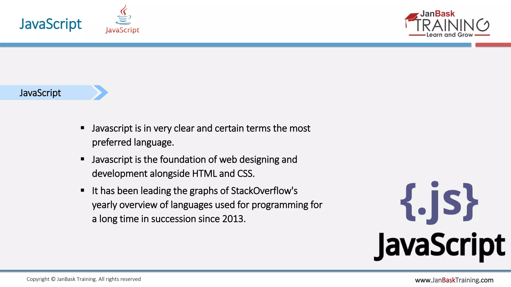 www.JanBaskTraining.comCopyright © JanBask Training. All rights reserved
JavaScript
JavaScript
 Javascript is in very clear and certain terms the most
preferred language.
 Javascript is the foundation of web designing and
development alongside HTML and CSS.
 It has been leading the graphs of StackOverflow's
yearly overview of languages used for programming for
a long time in succession since 2013.
 