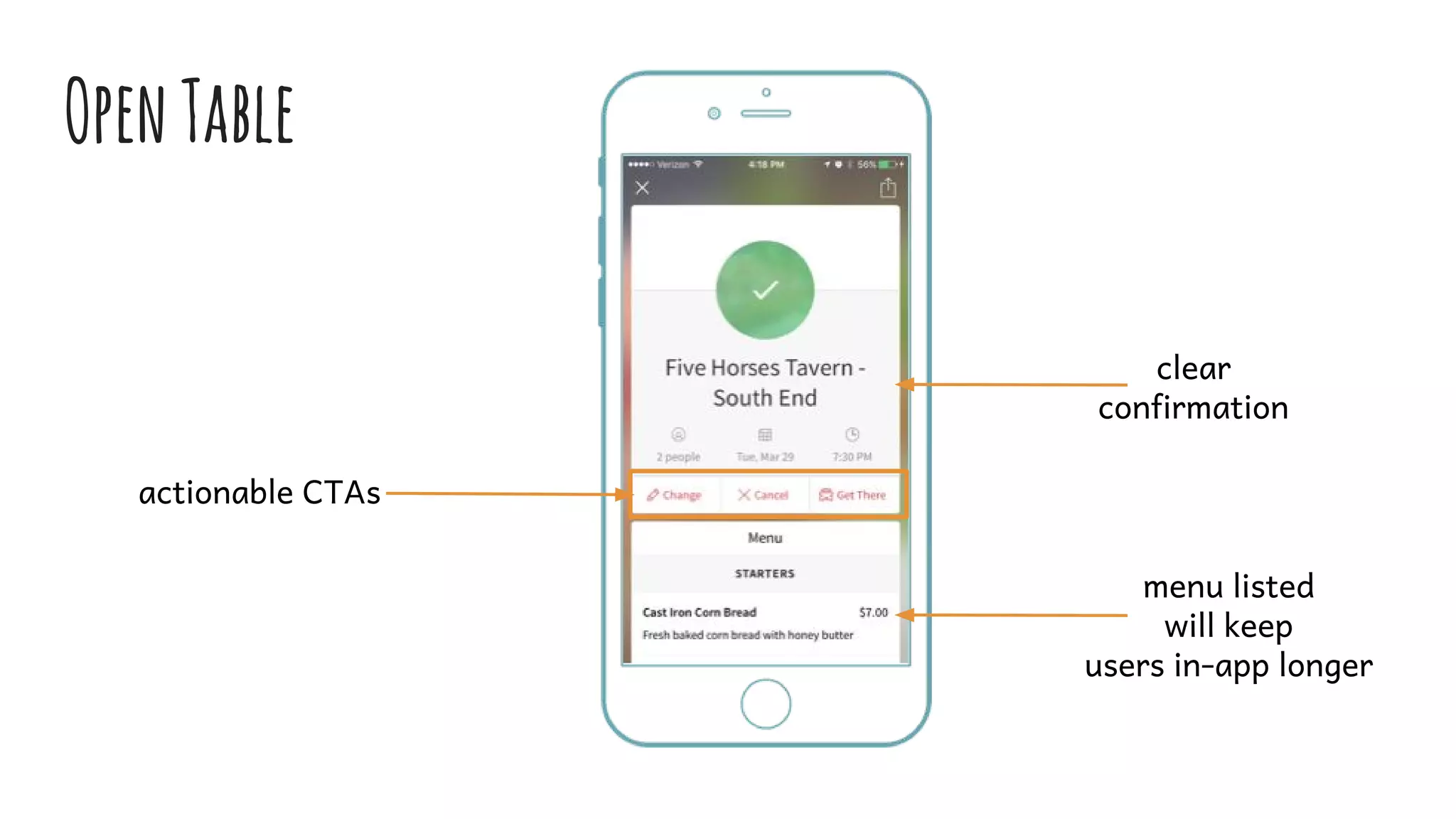 OpenTable
clear
confirmation
actionable CTAs
menu listed
will keep
users in-app longer
 