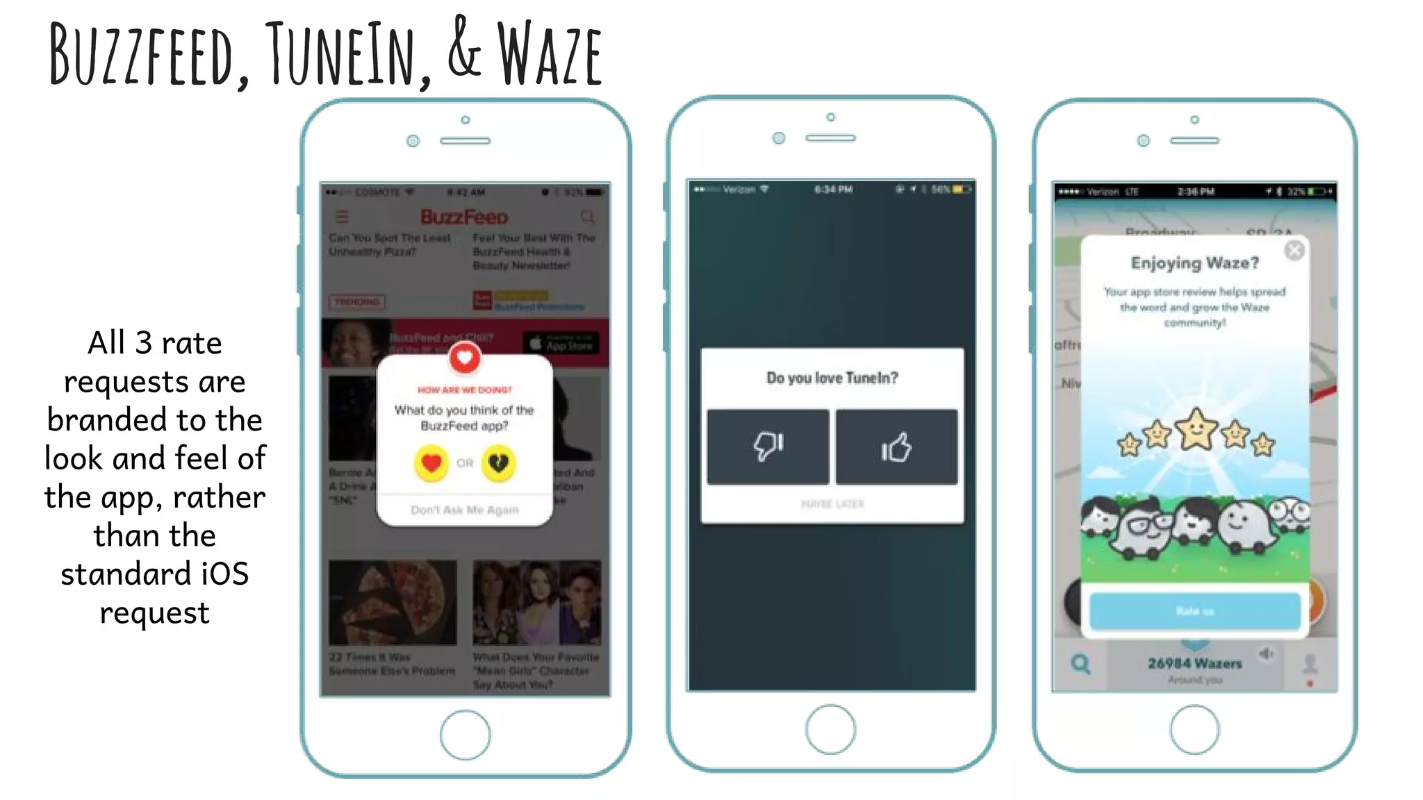 Buzzfeed,TuneIn,&Waze
All 3 rate
requests are
branded to the
look and feel of
the app, rather
than the
standard iOS
request
 