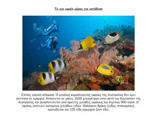 Το πιο ωραίο μέρος για κατάδυση
Επίσης εύκολη απόφαση. Ο μεγάλος κοραλλιογενής ύφαλος της Αυστραλίας δεν έχει
αντίπαλο σε ομορφιά. Απλώνεται σε μήκος 2600 χιλιομέτρων στην ακτή του Κουίνσλαντ της
Αυστραλίας και συναποτελείται από αρκετές χιλιάδες υφάλους και περίπου 900 νησιά. Ο
ύφαλος αποτελεί καταφύγιο χιλιάδων ειδών. Θαλάσσιοι δράκοι (είδος ιππόκαμπου),
κροκόδειλοι και 125 είδη καρχαρία ζουν εδώ.
 