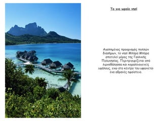 Αγαπημένος προορισμός πολλών
διασήμων, το νησί Μπόρα Μπόρα
αποτελεί μέρος της Γαλλικής
Πολυνησίας. Περιτριγυρίζεται από
λιμνοθάλασσα και κοραλλιογενείς
υφάλους, ενώ στο κέντρο του υψώνεται
ένα αδρανές ηφαίστειο.
Το πιο ωραίο νησί
 