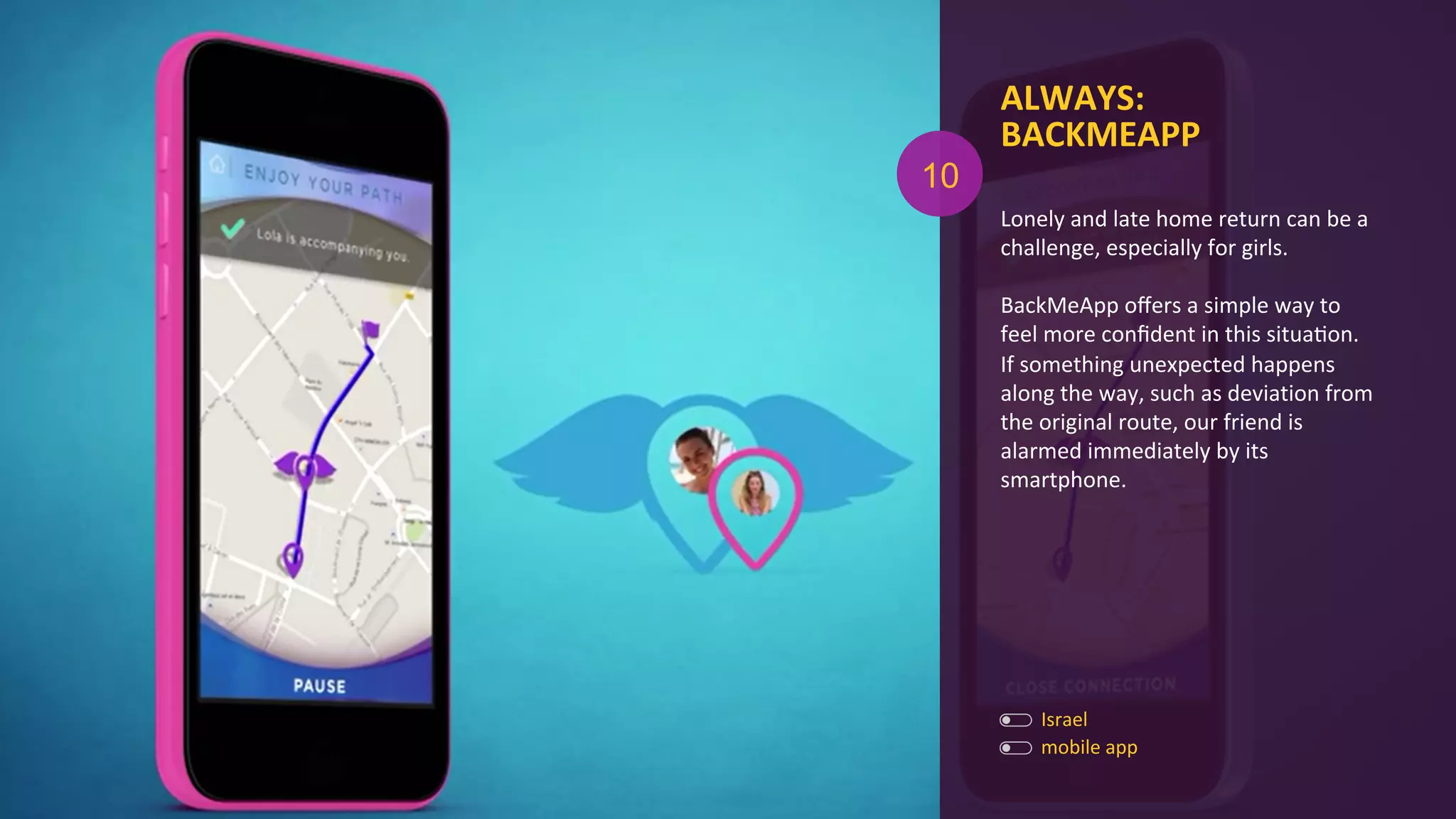 ALWAYS:	
  
BACKMEAPP	
  
Lonely	
  and	
  late	
  home	
  return	
  can	
  be	
  a	
  
challenge,	
  especially	
  for	
  girls.	
  	
  
	
  
BackMeApp	
  oﬀers	
  a	
  simple	
  way	
  to	
  
feel	
  more	
  conﬁdent	
  in	
  this	
  situaAon.	
  
If	
  something	
  unexpected	
  happens	
  
along	
  the	
  way,	
  such	
  as	
  deviation	
  from	
  
the	
  original	
  route,	
  our	
  friend	
  is	
  
alarmed	
  immediately	
  by	
  its	
  
smartphone.	
  
	
  
	
  
mobile	
  app	
  
10
Israel	
  
 
