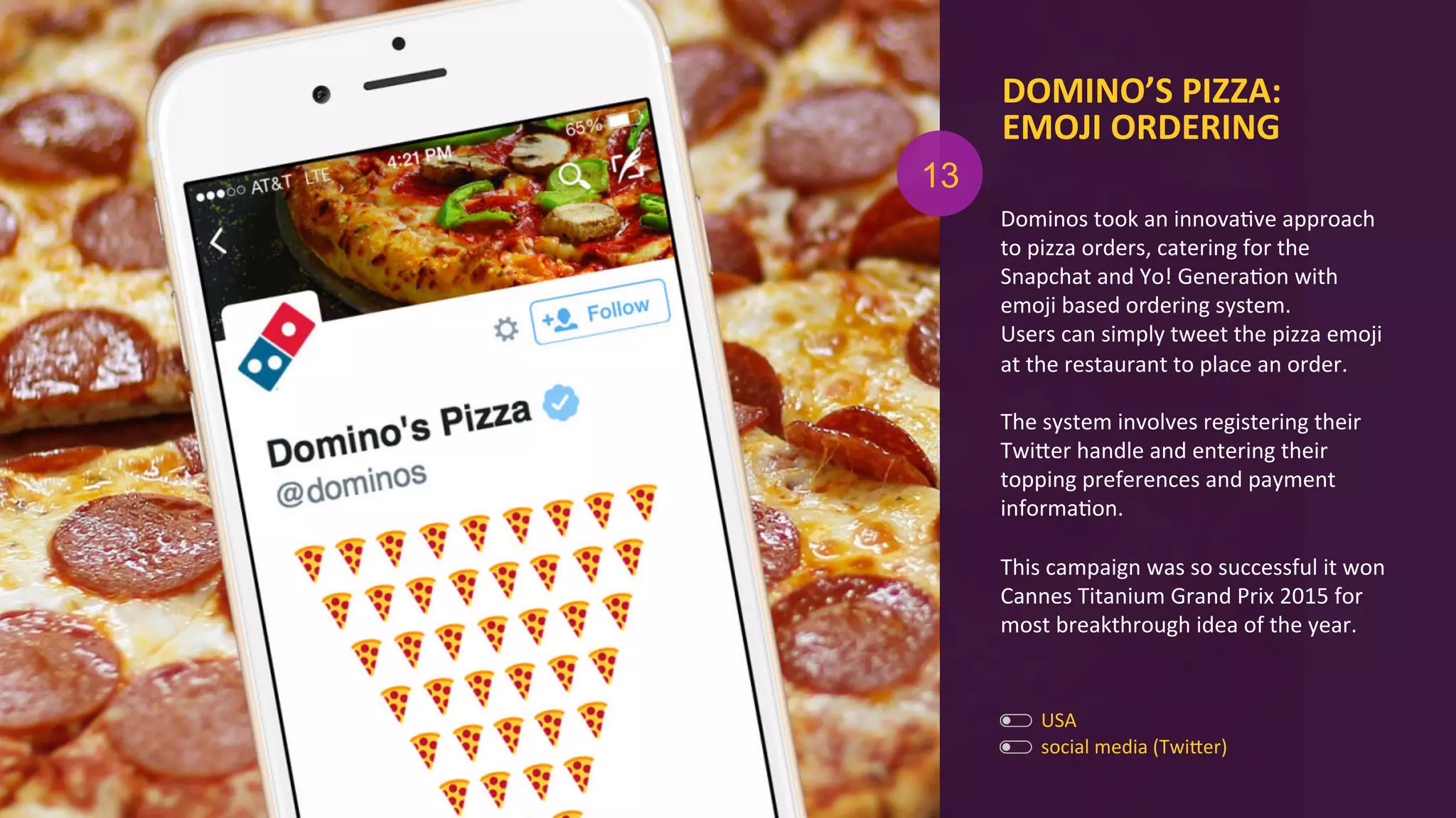 social	
  media	
  (TwiOer)	
  
USA	
  
13
DOMINO’S	
  PIZZA:	
  
EMOJI	
  ORDERING	
  
Dominos	
  took	
  an	
  innovaAve	
  approach	
  
to	
  pizza	
  orders,	
  catering	
  for	
  the	
  
Snapchat	
  and	
  Yo!	
  GeneraAon	
  with	
  
emoji	
  based	
  ordering	
  system.	
  	
  
Users	
  can	
  simply	
  tweet	
  the	
  pizza	
  emoji	
  
at	
  the	
  restaurant	
  to	
  place	
  an	
  order.	
  
	
  
The	
  system	
  involves	
  registering	
  their	
  
TwiOer	
  handle	
  and	
  entering	
  their	
  
topping	
  preferences	
  and	
  payment	
  
informaAon.	
  
	
  
This	
  campaign	
  was	
  so	
  successful	
  it	
  won	
  
Cannes	
  Titanium	
  Grand	
  Prix	
  2015	
  for	
  
most	
  breakthrough	
  idea	
  of	
  the	
  year.	
  
 