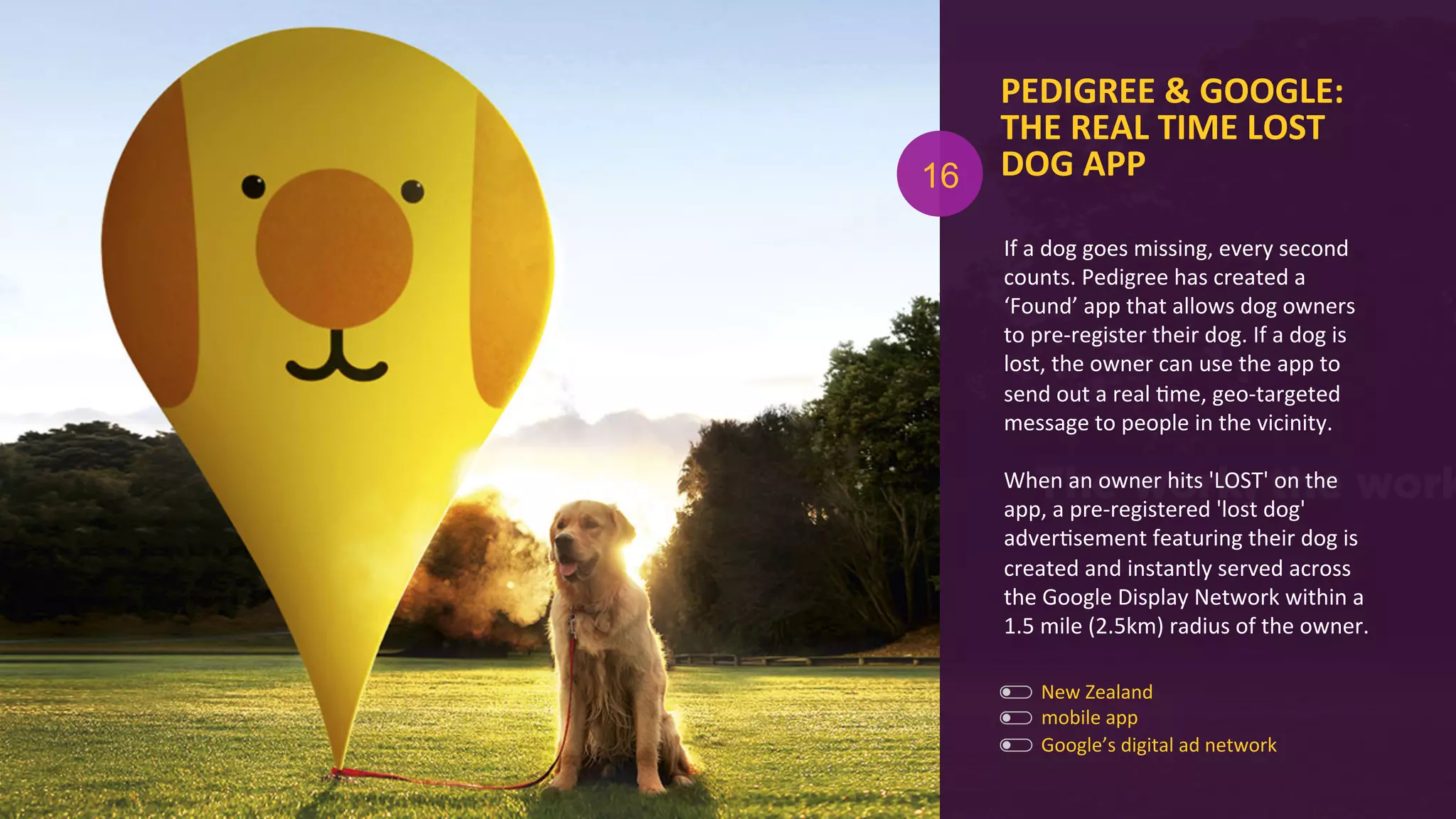 PEDIGREE	
  &	
  GOOGLE:	
  
THE	
  REAL	
  TIME	
  LOST	
  
DOG	
  APP	
  
	
  
If	
  a	
  dog	
  goes	
  missing,	
  every	
  second	
  
counts.	
  Pedigree	
  has	
  created	
  a	
  
‘Found’	
  app	
  that	
  allows	
  dog	
  owners	
  
to	
  pre-­‐register	
  their	
  dog.	
  If	
  a	
  dog	
  is	
  
lost,	
  the	
  owner	
  can	
  use	
  the	
  app	
  to	
  
send	
  out	
  a	
  real	
  Ame,	
  geo-­‐targeted	
  
message	
  to	
  people	
  in	
  the	
  vicinity.	
  
	
  
When	
  an	
  owner	
  hits	
  'LOST'	
  on	
  the	
  
app,	
  a	
  pre-­‐registered	
  'lost	
  dog'	
  
adverAsement	
  featuring	
  their	
  dog	
  is	
  
created	
  and	
  instantly	
  served	
  across	
  
the	
  Google	
  Display	
  Network	
  within	
  a	
  
1.5	
  mile	
  (2.5km)	
  radius	
  of	
  the	
  owner.	
  	
  
New	
  Zealand	
  
mobile	
  app	
  	
  
16
Google’s	
  digital	
  ad	
  network	
  
 