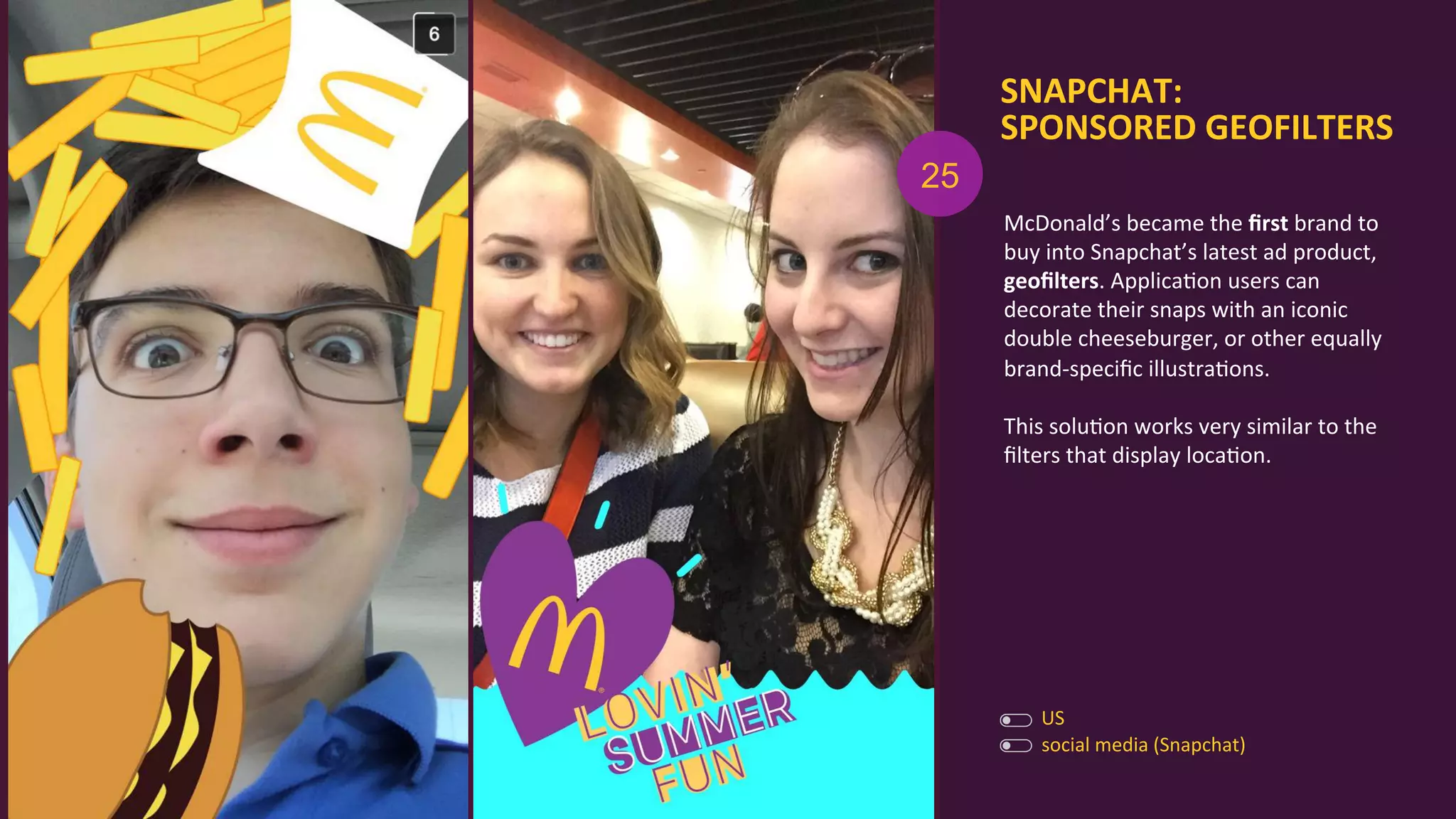 McDonald’s	
  became	
  the	
  ﬁrst	
  brand	
  to	
  
buy	
  into	
  Snapchat’s	
  latest	
  ad	
  product,	
  
geoﬁlters.	
  ApplicaAon	
  users	
  can	
  
decorate	
  their	
  snaps	
  with	
  an	
  iconic	
  
double	
  cheeseburger,	
  or	
  other	
  equally	
  
brand-­‐speciﬁc	
  illustraAons.	
  	
  
	
  
This	
  soluAon	
  works	
  very	
  similar	
  to	
  the	
  
ﬁlters	
  that	
  display	
  locaAon.	
  
SNAPCHAT:	
  
SPONSORED	
  GEOFILTERS	
  
	
  
US	
  
social	
  media	
  (Snapchat)	
  
25
 
