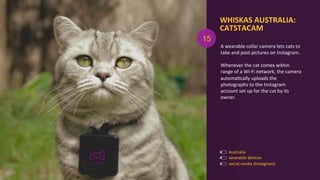 WHISKAS	
  AUSTRALIA:	
  
CATSTACAM	
  
	
  
A	
  wearable	
  collar	
  camera	
  lets	
  cats	
  to	
  
take	
  and	
  post	
  pictures	
  on	
  Instagram.	
  
	
  
Whenever	
  the	
  cat	
  comes	
  within	
  
range	
  of	
  a	
  Wi-­‐Fi	
  network,	
  the	
  camera	
  	
  
automaAcally	
  uploads	
  the	
  
photographs	
  to	
  the	
  Instagram	
  
account	
  set	
  up	
  for	
  the	
  cat	
  by	
  its	
  
owner.	
  
	
  
	
  
Australia	
  
wearable	
  devices	
  
15
social	
  media	
  (Instagram)	
  
 