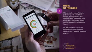 A	
  fitness	
  tracker	
  brand,	
  Fitbit,	
  has	
  
partnered	
  up	
  with	
  a	
  food	
  bank	
  
network,	
  Feeding	
  America,	
  for	
  a	
  
campaign	
  called	
  „Fit	
  for	
  Food”	
  that	
  
encouraged	
  Fitbit	
  users	
  to	
  donate	
  
their	
  burned	
  calories	
  to	
  feed	
  those	
  
hungry.	
  
	
  
106,000	
  users	
  have	
  burned	
  one	
  
billion	
  calories	
  which	
  Fitbit	
  then	
  
converted	
  into	
  a	
  donaAon	
  to	
  Feeding	
  
America.	
  
FITBIT:	
  
FIT	
  FOR	
  FOOD	
  
wearable	
  devices	
  
acAvity	
  tracker	
  
Bluetooth	
  4.0	
  
1
USA	
  
 