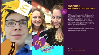McDonald’s	
  became	
  the	
  ﬁrst	
  brand	
  to	
  
buy	
  into	
  Snapchat’s	
  latest	
  ad	
  product,	
  
geoﬁlters.	
  ApplicaAon	
  users	
  can	
  
decorate	
  their	
  snaps	
  with	
  an	
  iconic	
  
double	
  cheeseburger,	
  or	
  other	
  equally	
  
brand-­‐speciﬁc	
  illustraAons.	
  	
  
	
  
This	
  soluAon	
  works	
  very	
  similar	
  to	
  the	
  
ﬁlters	
  that	
  display	
  locaAon.	
  
SNAPCHAT:	
  
SPONSORED	
  GEOFILTERS	
  
	
  
US	
  
social	
  media	
  (Snapchat)	
  
25
 