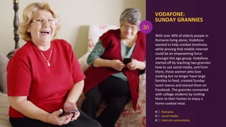 VODAFONE:	
  	
  
SUNDAY	
  GRANNIES	
  
social	
  media	
  
Romania	
  
With	
  over	
  40%	
  of	
  elderly	
  people	
  in	
  
Romania	
  living	
  alone,	
  Vodafone	
  
wanted	
  to	
  help	
  combat	
  loneliness	
  
while	
  proving	
  that	
  mobile	
  internet	
  
could	
  be	
  an	
  empowering	
  force	
  
amongst	
  this	
  age	
  group.	
  Vodafone	
  
started	
  oﬀ	
  by	
  teaching	
  two	
  grannies	
  
how	
  to	
  use	
  social	
  media,	
  and	
  from	
  
there,	
  these	
  women	
  who	
  love	
  
cooking	
  but	
  no	
  longer	
  have	
  large	
  
families	
  to	
  feed,	
  created	
  Sunday	
  
lunch	
  menus	
  and	
  shared	
  them	
  on	
  
Facebook.	
  The	
  grannies	
  connected	
  
with	
  college	
  students	
  by	
  inviAng	
  
them	
  to	
  their	
  homes	
  to	
  enjoy	
  a	
  
home-­‐cooked	
  meal.	
  	
  
30
Internet	
  connecAvity	
  
 