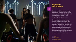 Exercise	
  brand	
  Equinox	
  was	
  losing	
  
members	
  of	
  its	
  indoor	
  cycling	
  classes	
  
to	
  bouAque	
  brands	
  like	
  SoulCycle	
  and	
  
Flywheel,	
  which	
  oﬀered	
  a	
  more	
  
compelling	
  cycling	
  experience.	
  	
  
	
  
By	
  leveraging	
  mobile	
  technology,	
  
Equinox	
  created	
  “The	
  Pursuit,”	
  an	
  
interacAve	
  cycling	
  course	
  that	
  reported	
  
members’	
  biometrics	
  in	
  real	
  Ame	
  and	
  
set	
  up	
  compeAAons,	
  both	
  individually	
  
and	
  team-­‐based,	
  to	
  moAvate	
  beOer	
  
performances.	
  The	
  new,	
  innovaAve	
  
experience	
  helped	
  increase	
  class	
  sizes	
  
and	
  drove	
  member	
  retenAon.	
  
EQUINOX:	
  
THE	
  PURSUIT	
  
biometric	
  
3
USA	
  
second	
  screen	
  
 