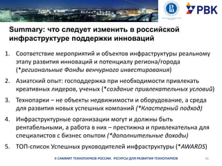 Summary: что следует изменить в российской
инфраструктуре поддержки инноваций
1. Соответствие мероприятий и объектов инфраструктуры реальному
этапу развития инноваций и потенциалу региона/города
(*региональные Фонды венчурного инвестирования)
2. Азиатский опыт: господдержка при необходимости привлекать
креативных лидеров, ученых (*создание привлекательных условий)
3. Технопарки – не объекты недвижимости и оборудование, а среда
для развития новых успешных компаний (*Кластерный подход)
4. Инфраструктурные организации могут и должны быть
рентабельными, а работа в них – престижна и привлекательна для
специалистов с бизнес опытом (*дополнительные доходы)
5. ТОП-список Успешных руководителей инфраструктуры (*AWARDS)
II САММИТ ТЕХНОПАРКОВ РОССИИ. РЕСУРСЫ ДЛЯ РАЗВИТИЯ ТЕХНОПАРКОВ

16

 