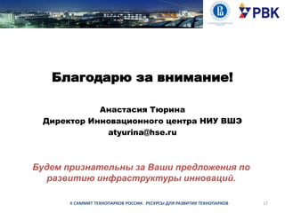 Благодарю за внимание!
Анастасия Тюрина
Директор Инновационного центра НИУ ВШЭ
atyurina@hse.ru

Будем признательны за Ваши предложения по
развитию инфраструктуры инноваций.
II САММИТ ТЕХНОПАРКОВ РОССИИ. РЕСУРСЫ ДЛЯ РАЗВИТИЯ ТЕХНОПАРКОВ

17

 