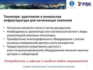 Технопарк: адаптивная и уникальная
инфраструктура для начинающих компаний
• Постоянно меняется число и состав резидентов;
• Необходимость архитектора или постоянный контакт с бюро
управляющей компании технопарка;
• Приобретение многопрофильного оборудования с учетом
основных направлений деятель­ности резидентов;
• Предоставление оперативного доступа к
узко­специализированному оборудованию внешних научных
центров и лабораторий.
Потребность в офисах с каждым годом сокращается!
II САММИТ ТЕХНОПАРКОВ РОССИИ. РЕСУРСЫ ДЛЯ РАЗВИТИЯ ТЕХНОПАРКОВ

7

 