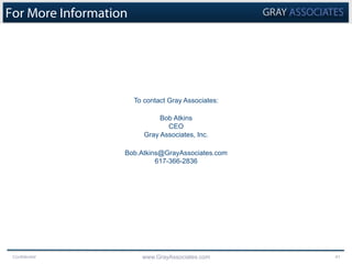 Confidential www.GrayAssociates.com 41
For More Information
To contact Gray Associates:
Bob Atkins
CEO
Gray Associates, In...