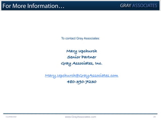 Confidential www.GrayAssociates.com 28
For More Information…
To contact Gray Associates:
Mary Upchurch
Senior Partner
Gray Associates, Inc.
Mary.Upchurch@GrayAssociates.com
480-390-7230
 