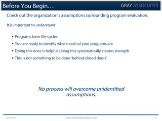 Confidential www.GrayAssociates.com 6
Before You Begin…
It is important to understand:
§  Programs have life-cycles
§  You are ready to identify where each of your programs are
§  Doing this once is helpful, doing this systematically creates strength
§  This is not something to be done ‘behind closed doors’
Check out the organization’s assumptions surrounding program evaluation.
No process will overcome unidentified
assumptions.
 