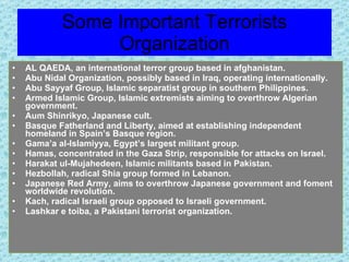 Some Important Terrorists Organization AL QAEDA, an international terror group based in afghanistan. Abu Nidal Organization, possibly based in Iraq, operating internationally.  Abu Sayyaf Group, Islamic separatist group in southern Philippines.  Armed Islamic Group, Islamic extremists aiming to overthrow Algerian government.  Aum Shinrikyo, Japanese cult.  Basque Fatherland and Liberty, aimed at establishing independent homeland in Spain’s Basque region.  Gama’a al-Islamiyya, Egypt’s largest militant group.  Hamas, concentrated in the Gaza Strip, responsible for attacks on Israel.  Harakat ul-Mujahedeen, Islamic militants based in Pakistan.  Hezbollah, radical Shia group formed in Lebanon.  Japanese Red Army, aims to overthrow Japanese government and foment worldwide revolution.  Kach, radical Israeli group opposed to Israeli government.  Lashkar e toiba, a Pakistani terrorist organization. 
