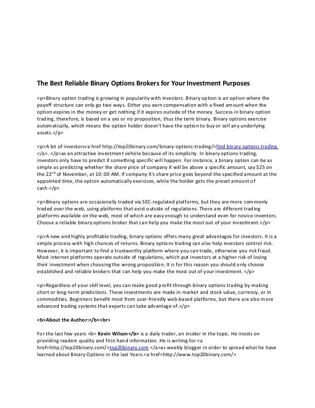 Reliable binary options brokers