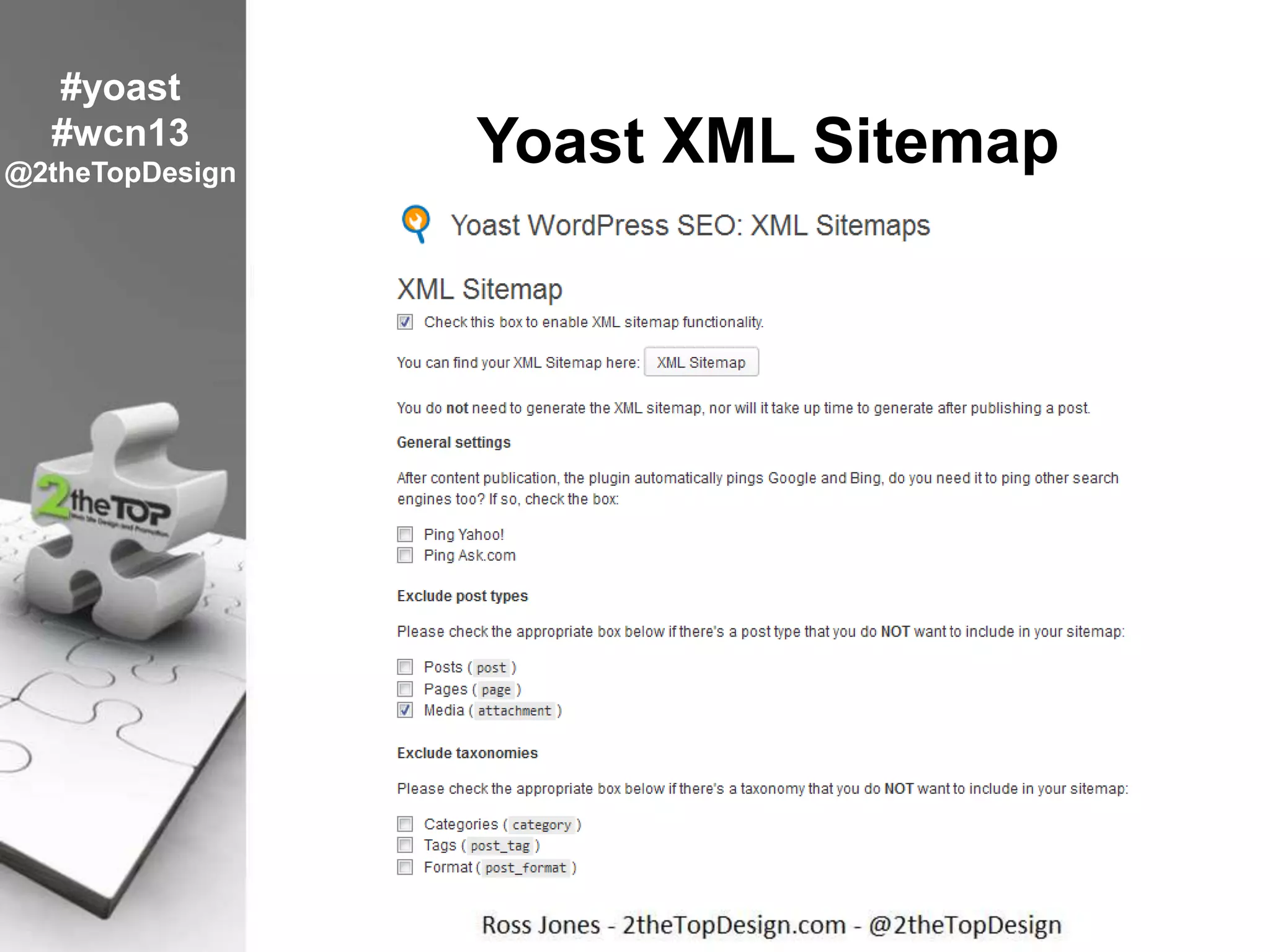 Yoast XML Sitemap
#yoast
#wcn13
@2theTopDesign
 
