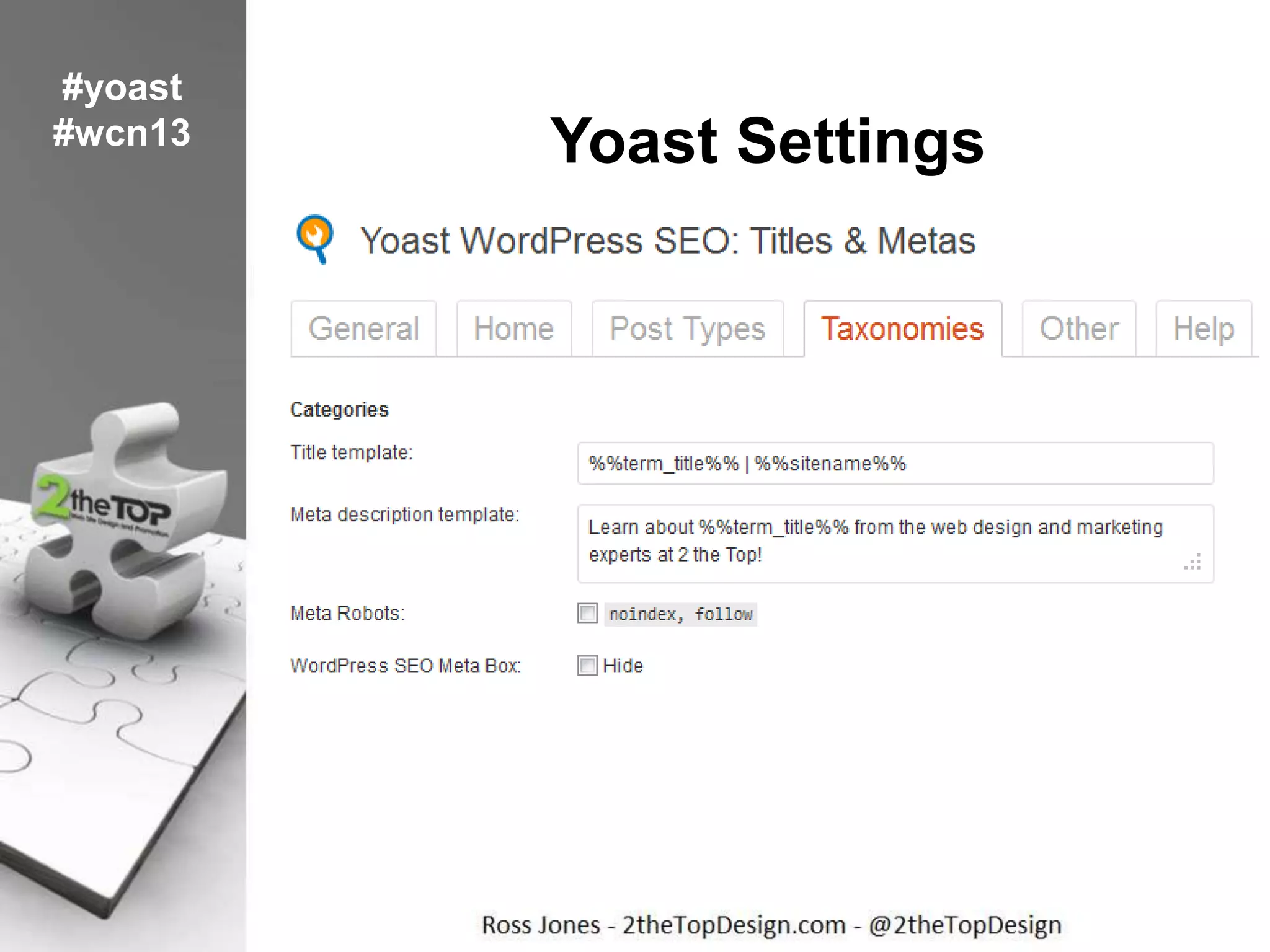 Yoast Settings
#yoast
#wcn13
 
