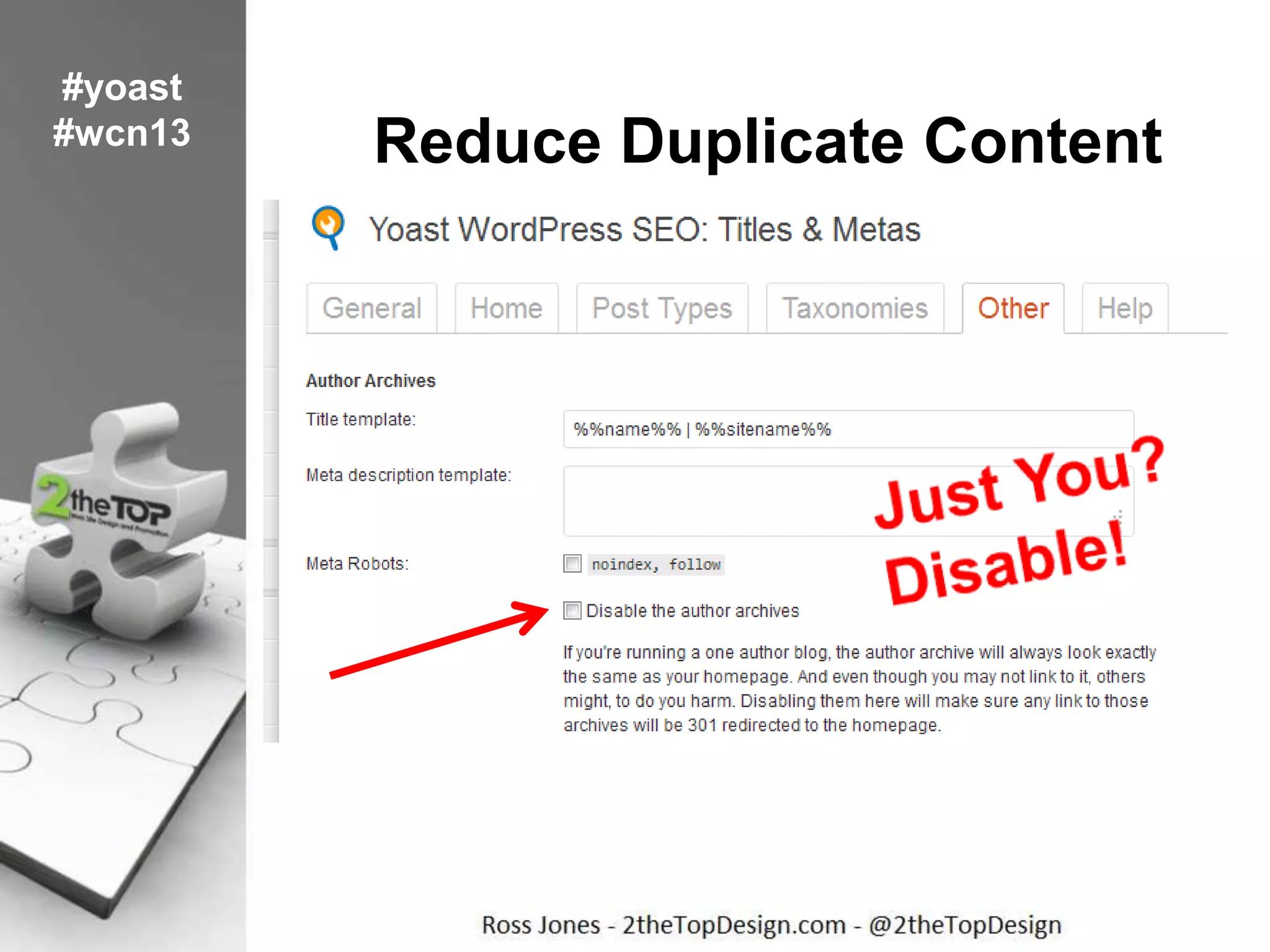 Reduce Duplicate Content
#yoast
#wcn13
 