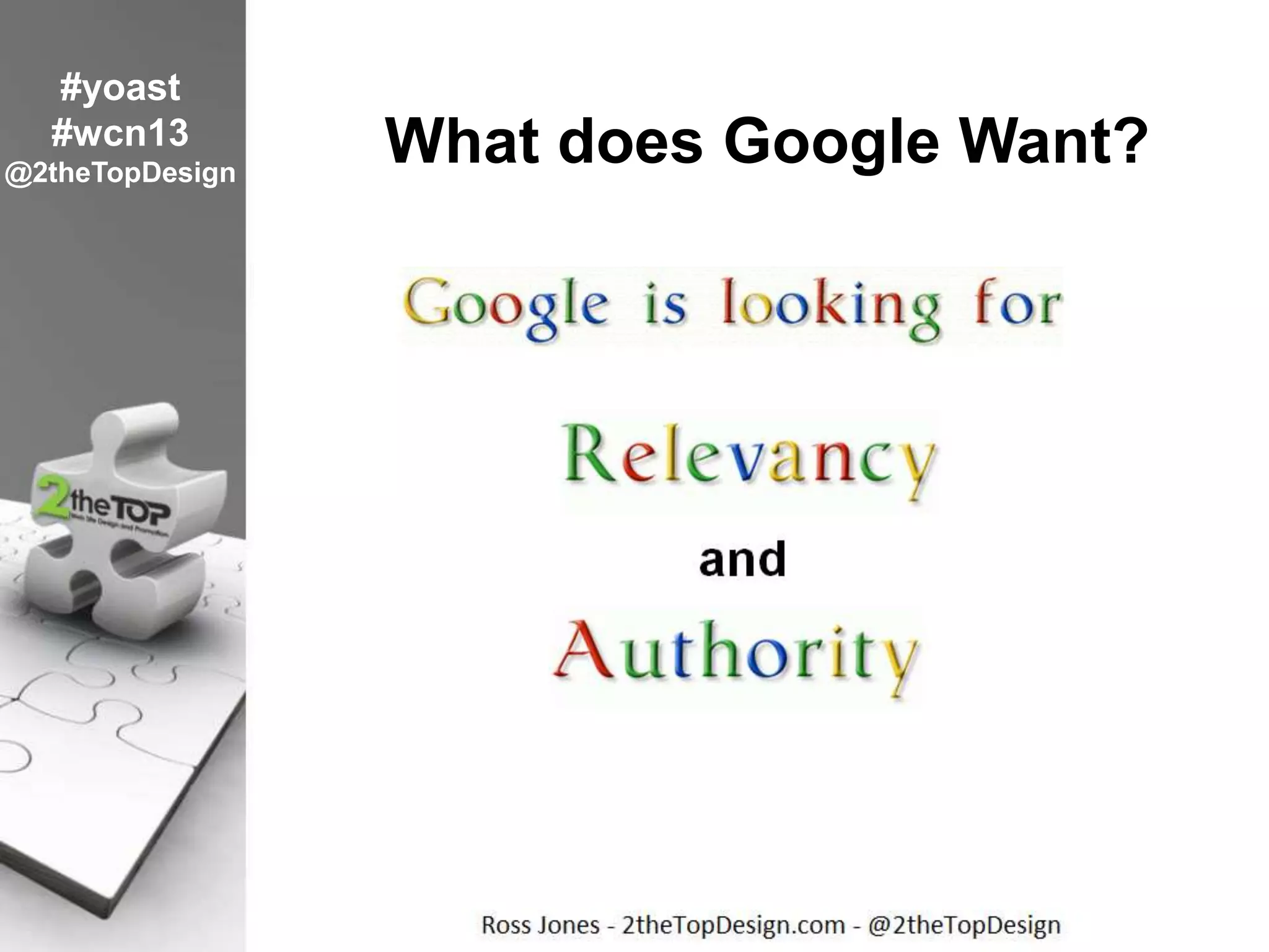 What does Google Want?
#yoast
#wcn13
@2theTopDesign
 