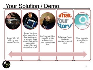 Your Solution / Demo
Show > Tell: ~1-5
slides of your
product / service
Show a live demo
when presenting or
show screen shots
of key parts (Have
screen shots within
presentation
prepared anyway,
demo’s love to fail)
Don’t show a video,
it can fail to play
and takes away
from your precious
time
Tell a story: Future
client or an
example of current
client
Show core value
proposition to
client
16
 