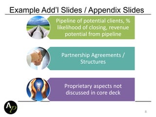 Example Add’l Slides / Appendix Slides
Pipeline of potential clients, %
likelihood of closing, revenue
potential from pipeline
Partnership Agreements /
Structures
Proprietary aspects not
discussed in core deck
8
 