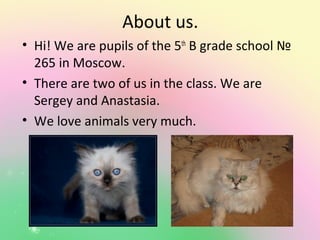 About us.
• Hi! We are pupils of the 5th
B grade school №
265 in Moscow.
• There are two of us in the class. We are
Sergey...