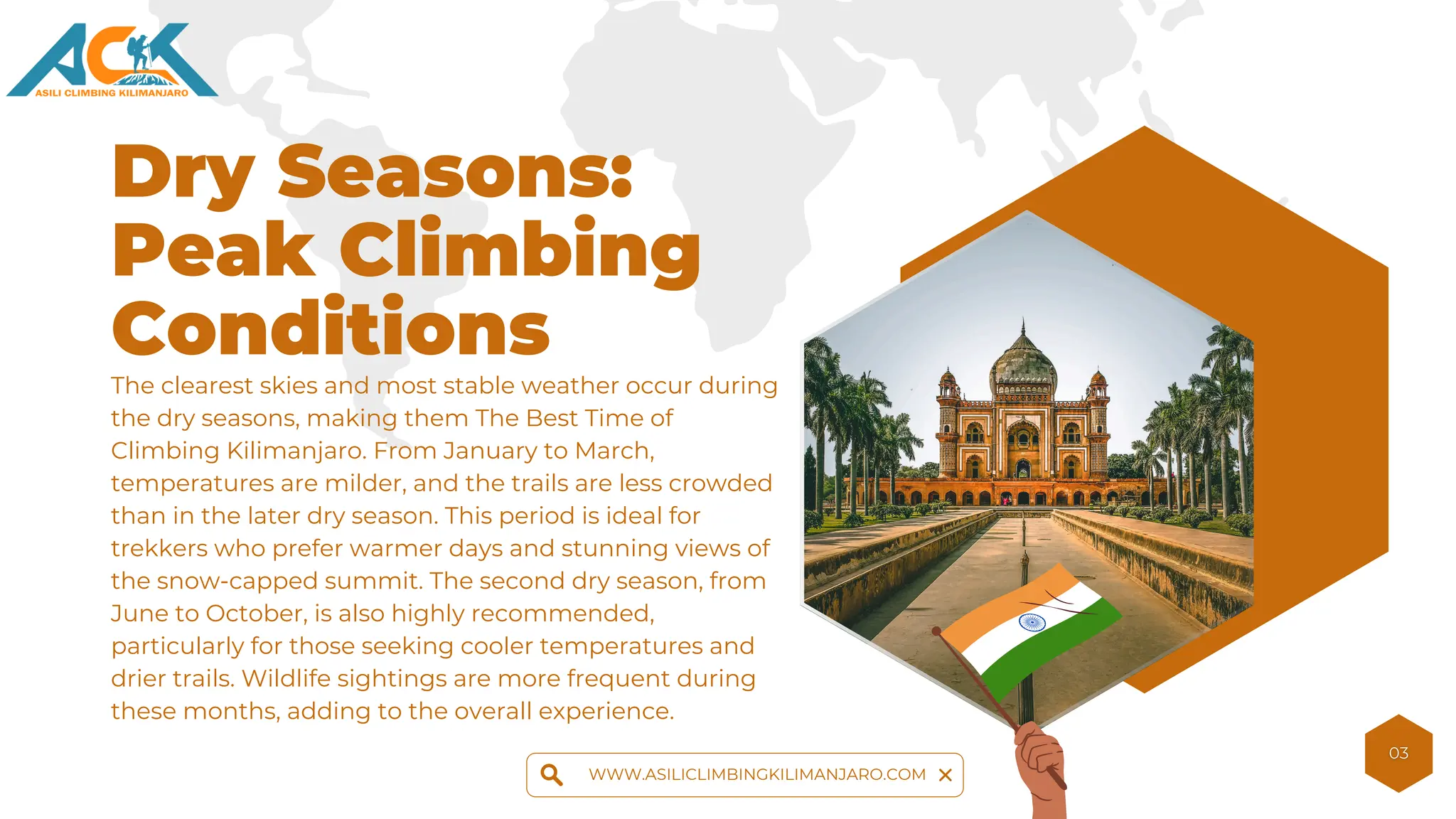 Dry Seasons:
Peak Climbing
Conditions
The clearest skies and most stable weather occur during
the dry seasons, making them The Best Time of
Climbing Kilimanjaro. From January to March,
temperatures are milder, and the trails are less crowded
than in the later dry season. This period is ideal for
trekkers who prefer warmer days and stunning views of
the snow-capped summit. The second dry season, from
June to October, is also highly recommended,
particularly for those seeking cooler temperatures and
drier trails. Wildlife sightings are more frequent during
these months, adding to the overall experience.
WWW.ASILICLIMBINGKILIMANJARO.COM
 