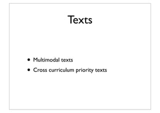 Texts
• Multimodal texts
• Cross curriculum priority texts
 