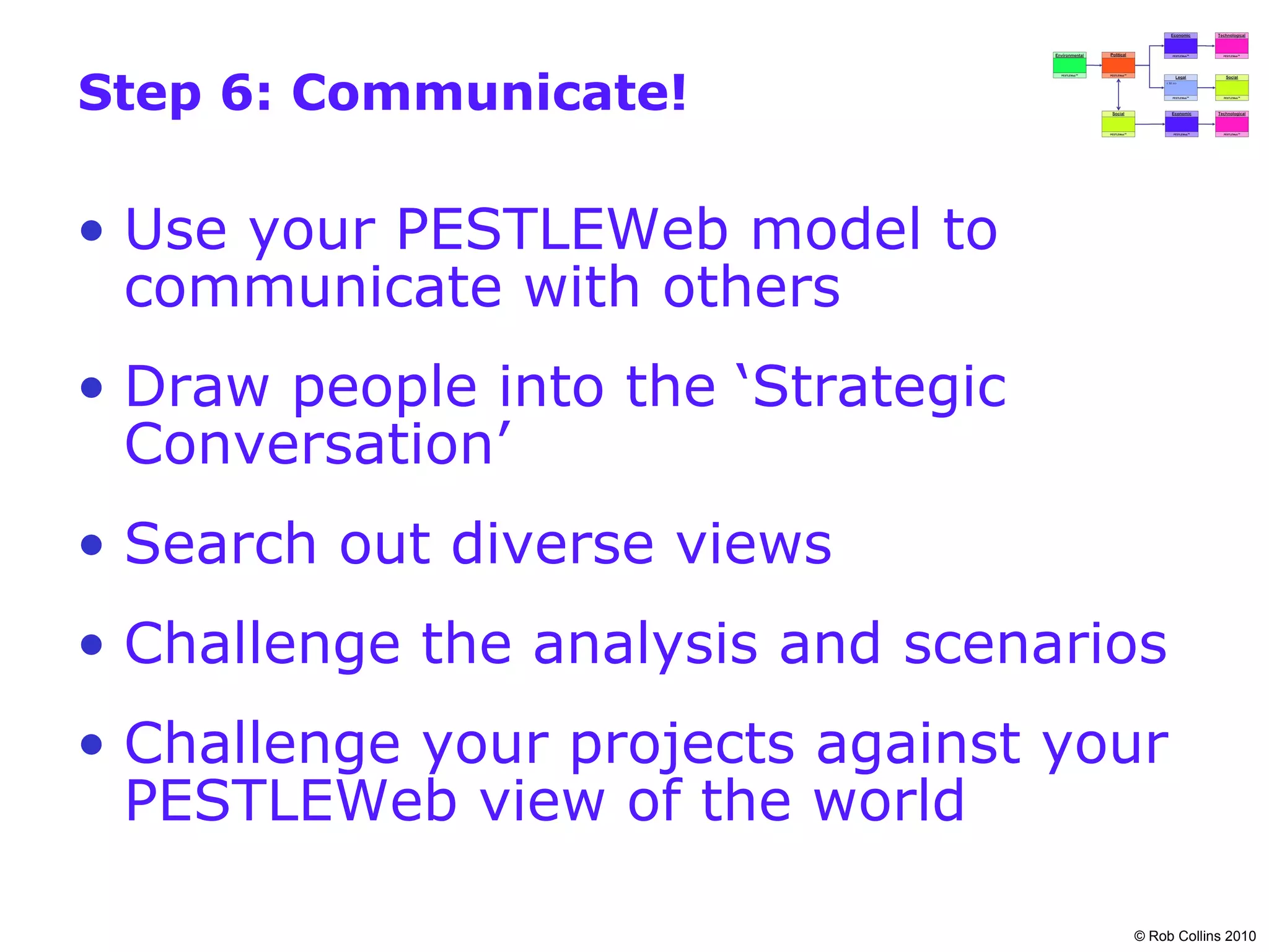 Step 6: Communicate!

• Use your PESTLEWeb model to
  communicate with others
• Draw people into the ‘Strategic
  Conversation’
• Search out diverse views
• Challenge the analysis and scenarios
• Challenge your projects against your
  PESTLEWeb view of the world

                                    © Rob Collins 2010
 