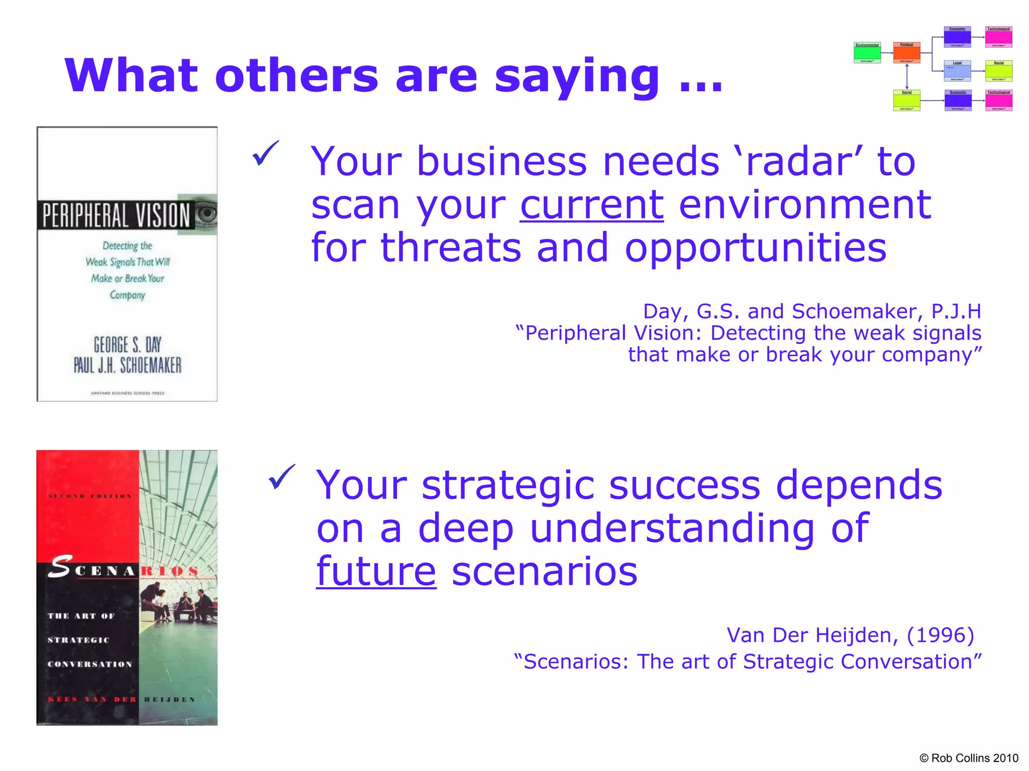 What others are saying …
       Your business needs ‘radar’ to
        scan your current environment
        for threats and opportunities
                               Day, G.S. and Schoemaker, P.J.H
                  “Peripheral Vision: Detecting the weak signals
                             that make or break your company”




        Your strategic success depends
         on a deep understanding of
         future scenarios
                                       Van Der Heijden, (1996)
                  “Scenarios: The art of Strategic Conversation”



                                                         © Rob Collins 2010
 