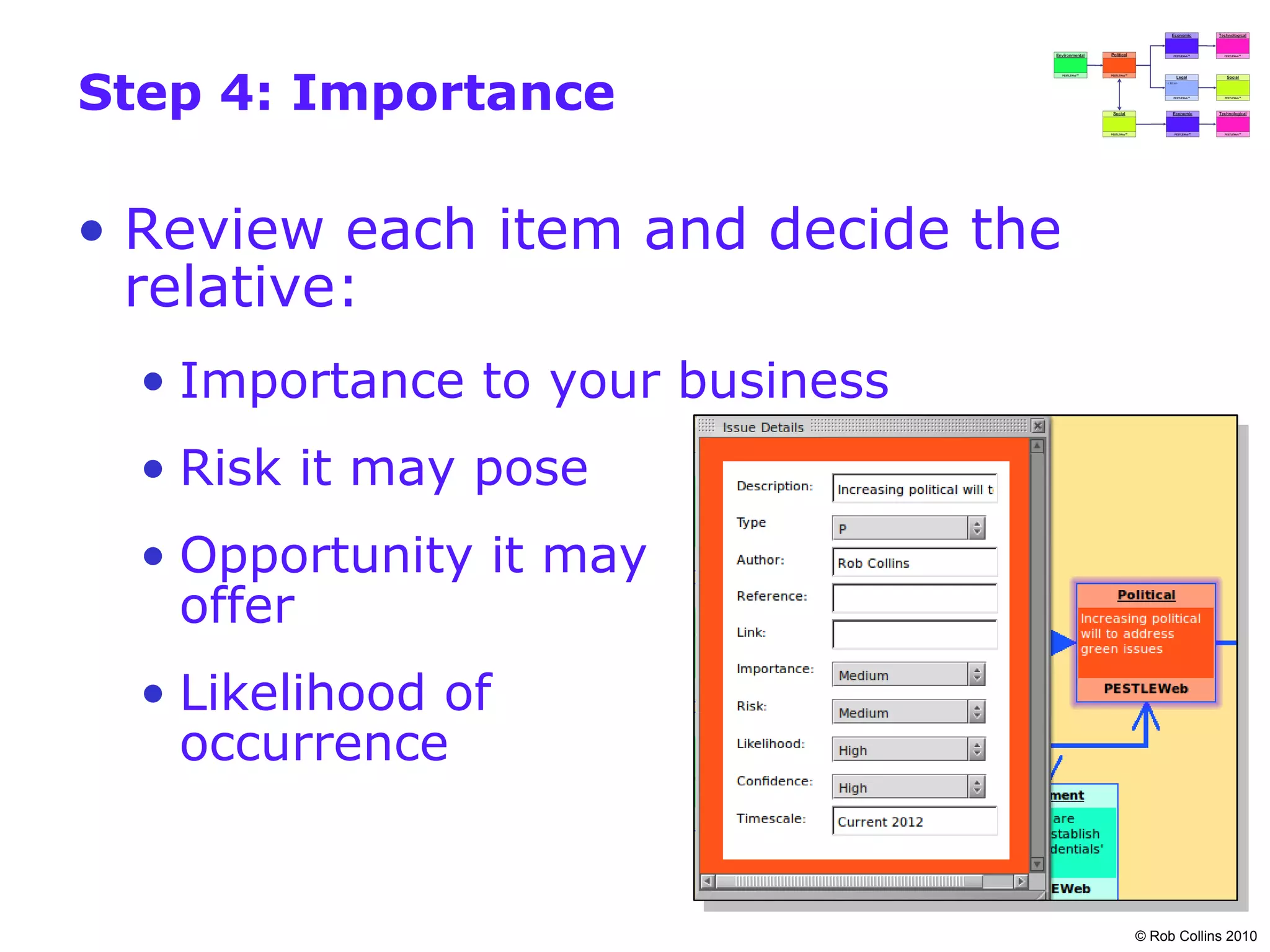 Step 4: Importance

• Review each item and decide the
  relative:
  • Importance to your business
  • Risk it may pose
  • Opportunity it may
    offer
  • Likelihood of
    occurrence


                                    © Rob Collins 2010
 