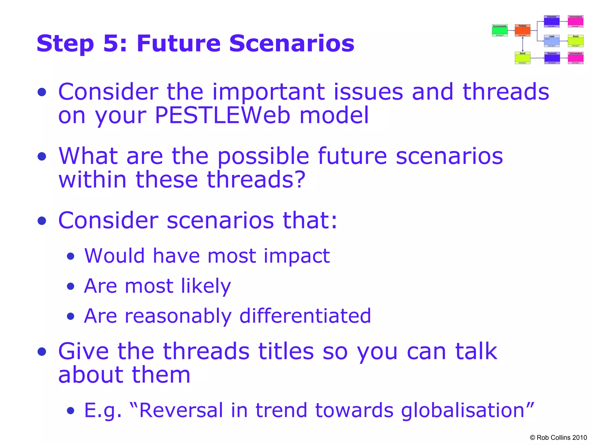 Step 5: Future Scenarios

• Consider the important issues and threads
  on your PESTLEWeb model
• What are the possible future scenarios
  within these threads?
• Consider scenarios that:
  • Would have most impact
  • Are most likely
  • Are reasonably differentiated
• Give the threads titles so you can talk
  about them
  • E.g. “Reversal in trend towards globalisation”
                                                 © Rob Collins 2010
 