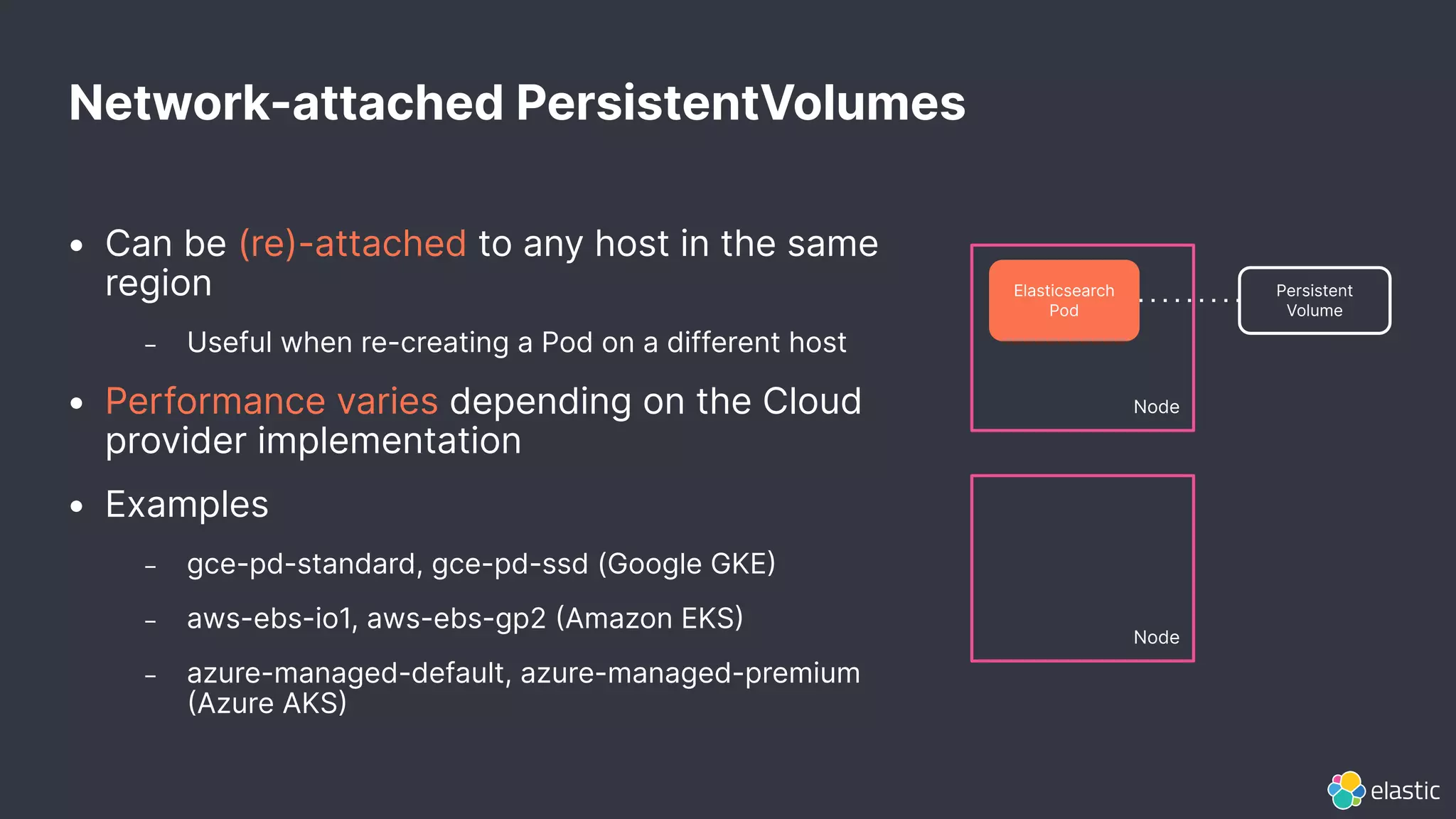 Network-attached PersistentVolumes
Node
Elasticsearch
Pod
Persistent
Volume
Node
• Can be (re)-attached to any host in the same
region
– Useful when re-creating a Pod on a different host
• Performance varies depending on the Cloud
provider implementation
• Examples
– gce-pd-standard, gce-pd-ssd (Google GKE
– aws-ebs-io1, aws-ebs-gp2 Amazon EKS
– azure-managed-default, azure-managed-premium
Azure AKS
 