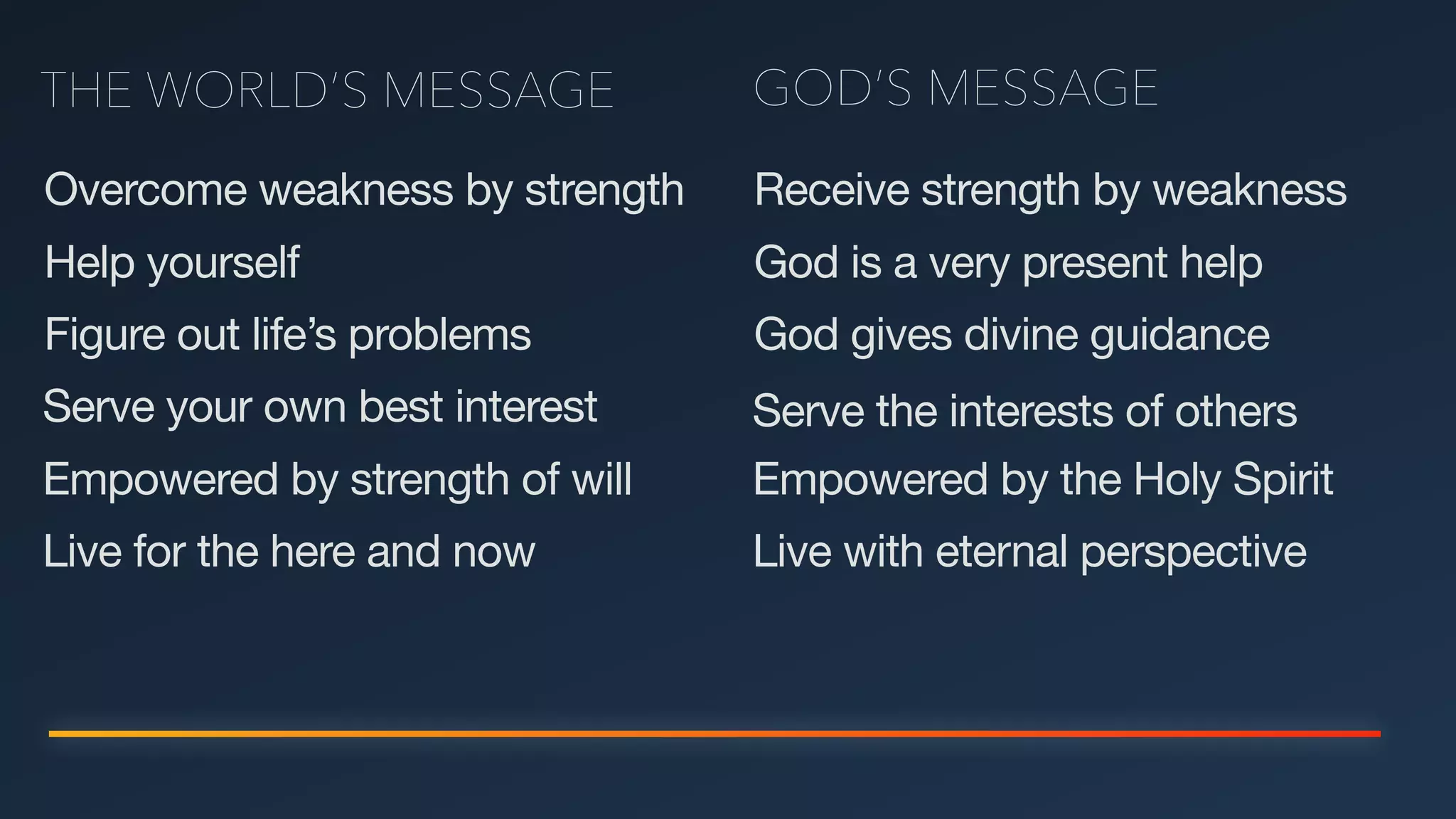 THE WORLD’S MESSAGE GOD’S MESSAGE
Overcome weakness by strength Receive strength by weakness
Help yourself God is a very present help
Figure out life’s problems God gives divine guidance
Serve your own best interest Serve the interests of others
Empowered by strength of will Empowered by the Holy Spirit
Live for the here and now Live with eternal perspective
 