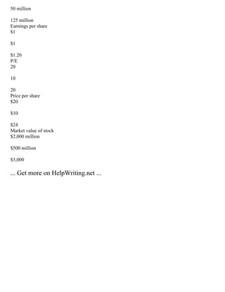 50 million
125 million
Earnings per share
$1
$1
$1.20
P/E
20
10
20
Price per share
$20
$10
$24
Market value of stock
$2,000 million
$500 million
$3,000
... Get more on HelpWriting.net ...
 