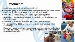 Deformities
 2003, baby born in India with a 6 inch tail
 Is anyone going to believe that these people are the last remnants of
evolution from a cat or a dog or an animal with a tail?
 2005, the Mermaid Baby, Lima Peru, legs fused together
 No evolutionist is going to claim that the baby is a link between a
fish to a human
 BUT what if that baby was born a thousands of years ago?
 The cyclops kitty, 2006..would anyone claim this was evolution
happening?
 If that very same fossil were born today, everyone would understand
its just a deformity, so why isn't it just a deformity when it was born
that way back then?
 