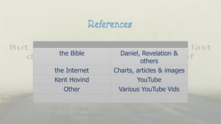 the Bible Daniel, Revelation &
others
the Internet Charts, articles & images
Kent Hovind YouTube
Other Various YouTube Vids
 