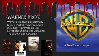 Warner Bros have released many
historic market-changing movies
including: Nightmare on Elm
Street, The Shining, The Conjuring,
The Exorcist and Annabelle.
WARNER BROS.
 
