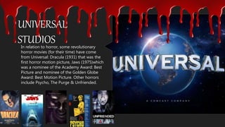 In relation to horror, some revolutionary
horror movies (for their time) have come
from Universal: Dracula (1931) that was the
first horror motion picture, Jaws (1975)which
was a nominee of the Academy Award: Best
Picture and nominee of the Golden Globe
Award: Best Motion Picture. Other horrors
include Psycho, The Purge & Unfriended.
UNIVERSAL
STUDIOS
 