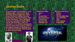 Universal Studios 
Universal studios was founded in 1912 by 
multiple people: Carl Laemmle, Mark 
Dintenfass, Charles O.Baumann, Adam 
Kessel, Pat Powers, William Swanson, 
David Horsley and Jules Brulatour. Films 
of theirs directed by `Steven Spielberg` 
which have managed to hit Box Office 
records. Carl Laemmle Jr. took over 
universal in 1928 in which he attempted to 
raise the status of the company which is a 
low budget company by spending more 
on talent and production which has lead 
to where they are today. 
Well Known Films: 
- Jaws 
- E.T 
- Jurassic Park 
- Fast and Furious 
- Transformers 
- American Pie 
- Schindlers List 
Well known TV shows: 
- Grimm 
- Heroes 
- The Incredible Hulk 
- Law and Order 
- Suits 
- Prime Suspect 
- Knight Rider 
Carl Laemmle 
Mark Dintenfass 
 