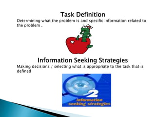 Task Definition
Determining what the problem is and specific information related to
the problem .
Information Seeking Strategies
Making decisions / selecting what is appropriate to the task that is
defined
 